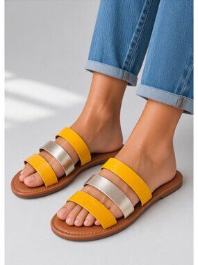 Colorblock Yellow & Metallic Gold Triple Strap Flat Sandals With Croc Embossed D